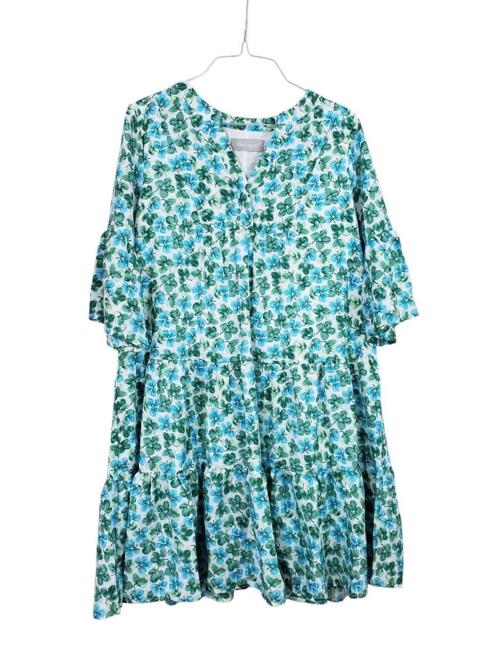 BELONGSCI Green Blue Floral Ruffle Shift Mini Dress Size Small